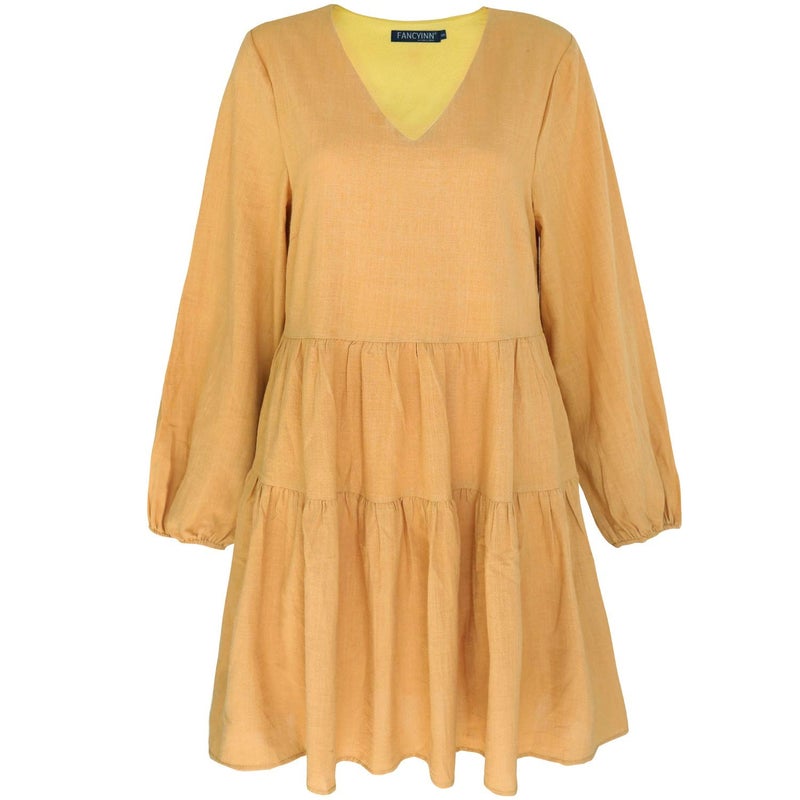 FANCYINN Womens Cute Shift Tunic Dress Babydoll Long Lantern Sleeves V Neck Beach Ruffle Mini Dresses & Pockets Mustard S - Image 4